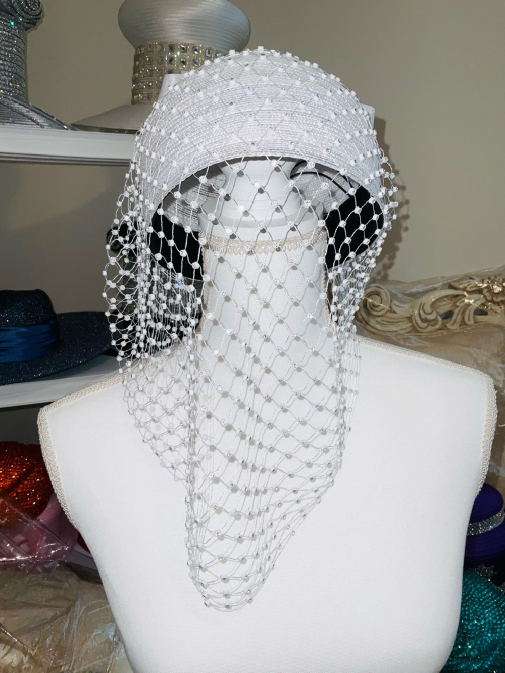 White Beaded Birdcage Veil Fascinator Headpiece (Price Is Firm) - Picture 9 of 10